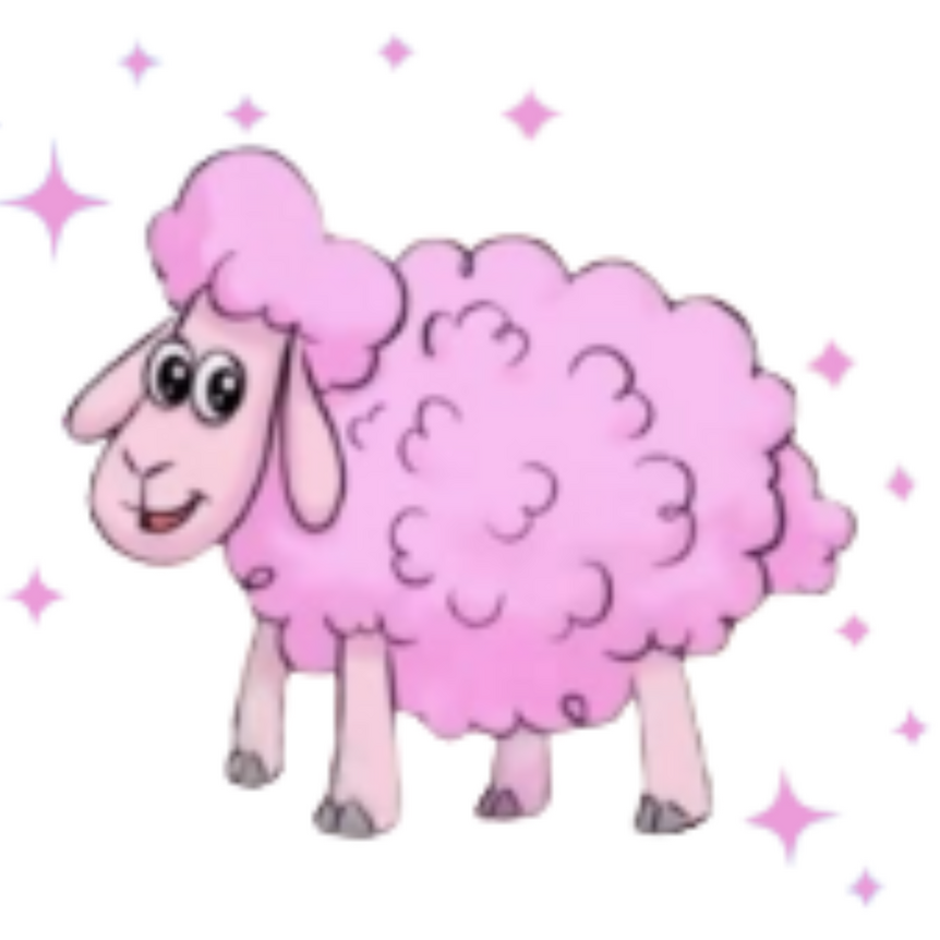 Sheepy the Cotton Candy Lamb with soft pink star sparkles and a smiling expression