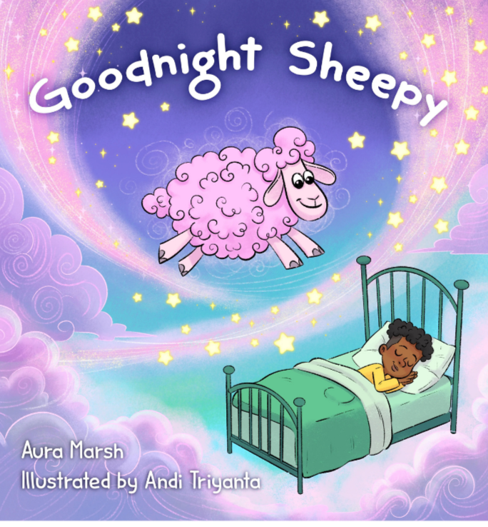 Goodnight Sheepy by Aura Marsh Cover of Goodnight Sheepy, a children's bedtime book featuring a young boy imagining Sheepy, the Cotton Candy Lamb™, floating through a dreamy sky with soft clouds and sparkles.